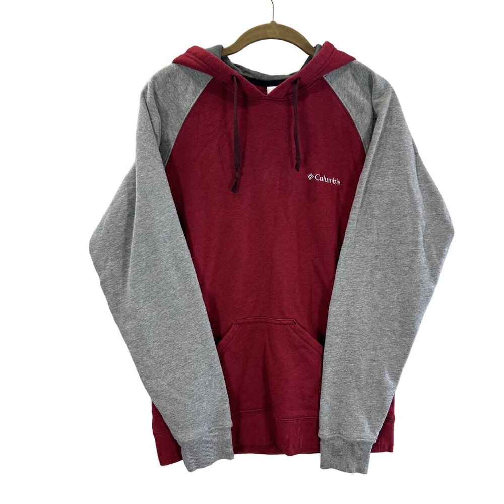 Columbia Mens Small Red Gray Hooded Sweatshirt Classic Casual Kangaroo Pocket